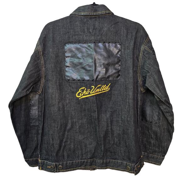 ECKO 1972 Unlimited Denim Jean Jacket Mens Large Black Leather Logo Embroidered - Picture 2 of 15